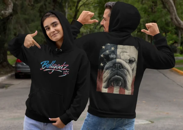 English Bulldog Hoodie – Two-Sided Patriotic American Flag Bulldog Graphic