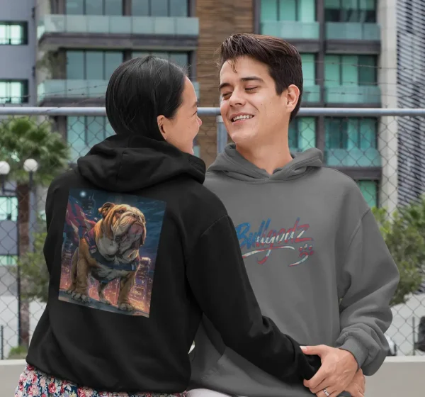 English Bulldog Hoodie – Two-Sided Patriotic Superhero Bulldog Heavyweight Unisex Sweatshirt