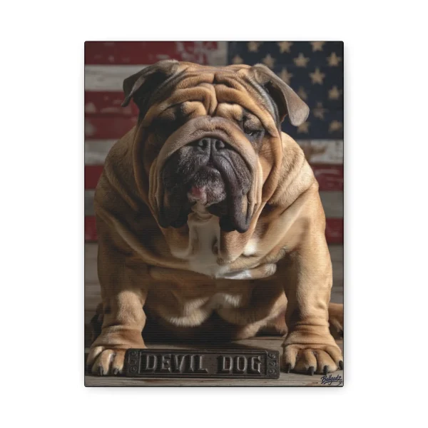 English Bulldog Wall Art – Devil Dog Bulldog Canvas with American Flag Military Tribute