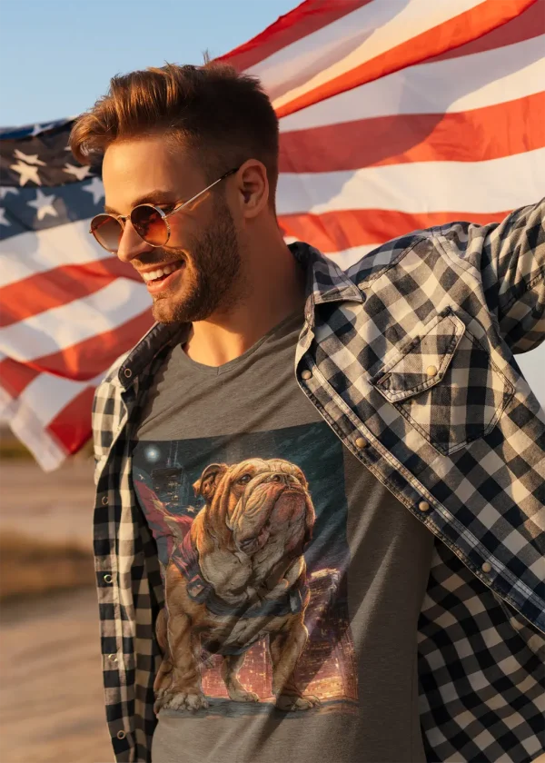 Men’s English Bulldog Shirt – Patriotic Superhero Bulldog Softstyle Unisex Tee