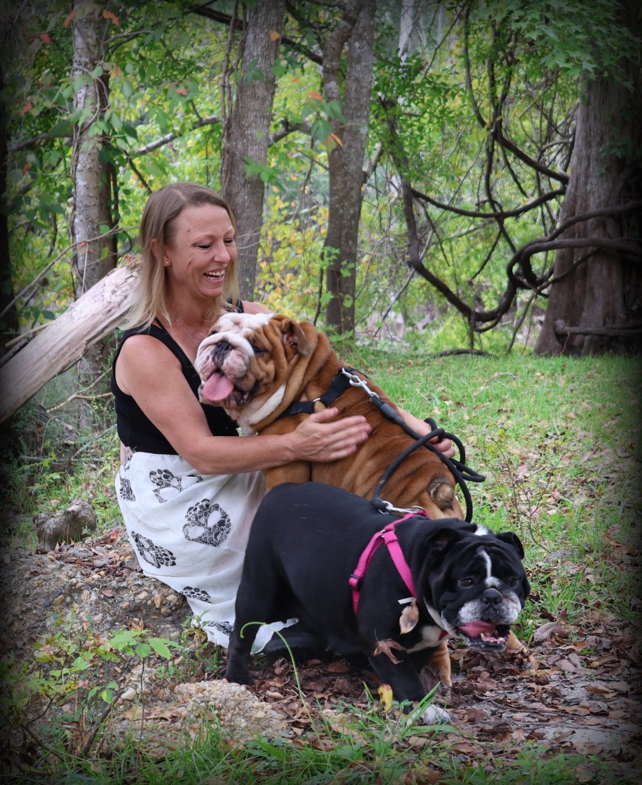 Nicole Willett with English Bulldogs Zeus and Freya representing Bullgodz ethical breeding standards
