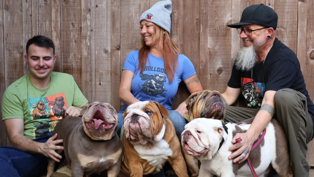 The Bullgodz HQ family with their English Bulldogs, representing real dogs, real people, and the bulldog lifestyle